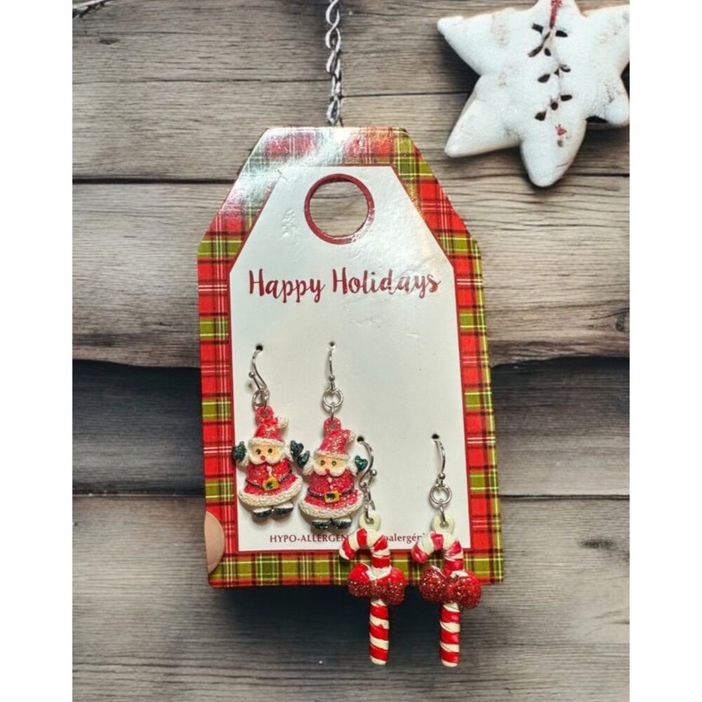 Festive Holiday Santa Candy Cane Hypo-Allergenic Earrings Set Jewelry Christmas